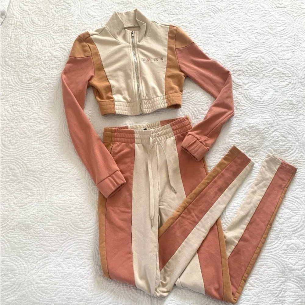 Shane Justin Jrs. S/M 2 Piece Track Suit Earthy Colorblock Crop High Rise Cotton